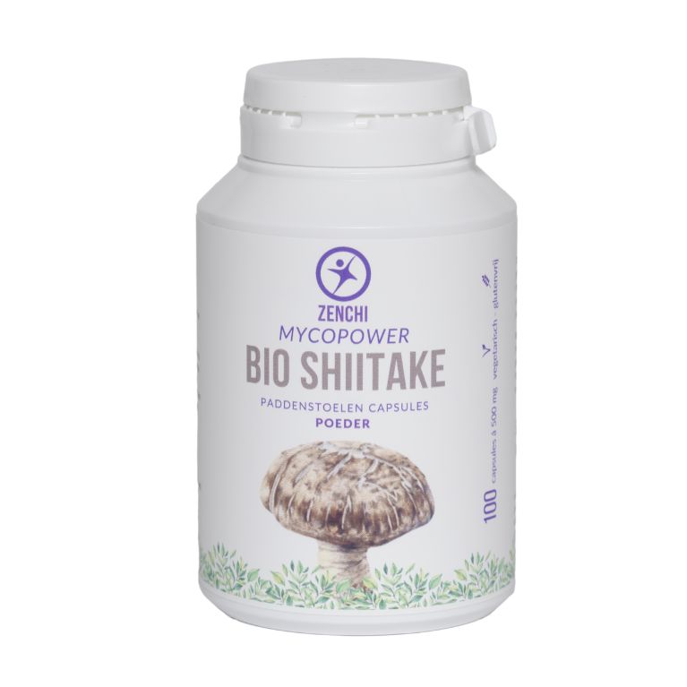 Mycopower Shiitake bio capsules, herbal supplement by Mycopower, showing a bottle of 100 capsules on a white background.