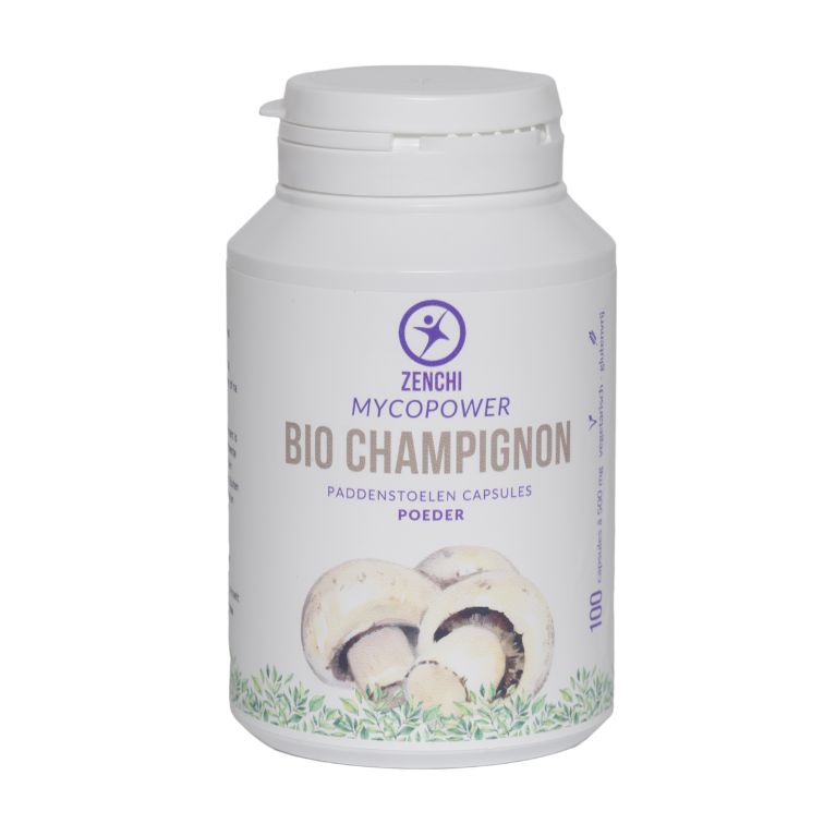 Mycopower Champignon bio 100 capsules in a bottle, herbal supplement from Kruidenpreparaten brand, with label and capsules visible.