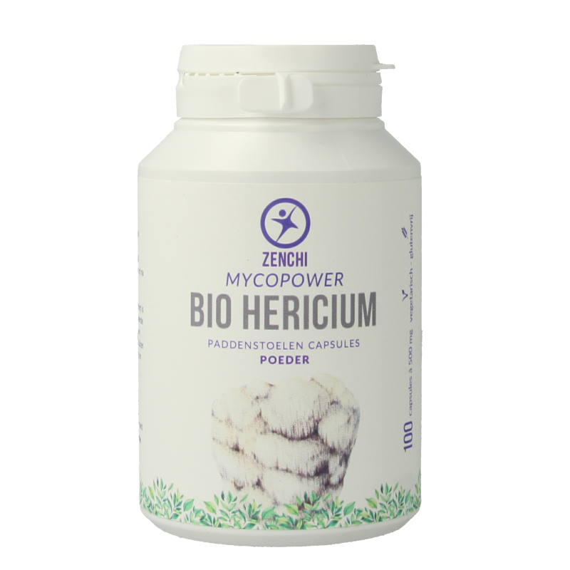 Mycopower Hericium bio herbal supplement 100 capsules featuring white and green packaging with herbal design elements.