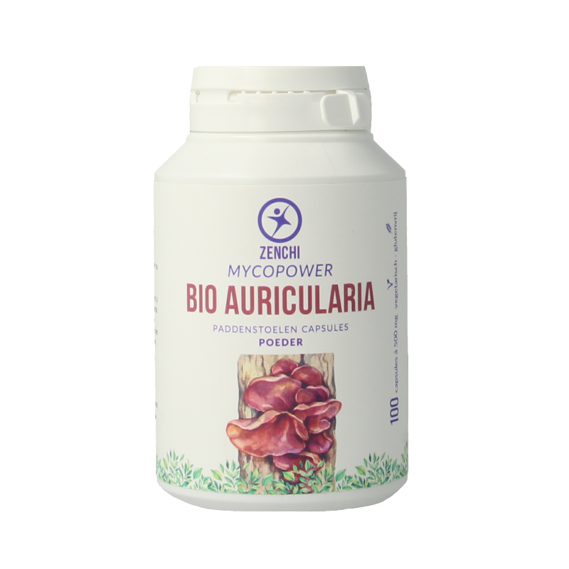 Mycopower Auricularia bio herbal capsules in a bottle, dietary supplement from Kruidenpreparaten brand.