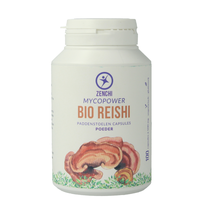 Mycopower Reishi bio 100 capsules in a bottle, herbal supplement from Kruidenpreparaten brand with green and white packaging.