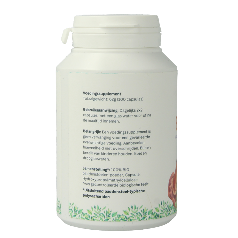 Mycopower Reishi bio 100 capsules, herbal supplement in a white bottle, with capsules visible inside.