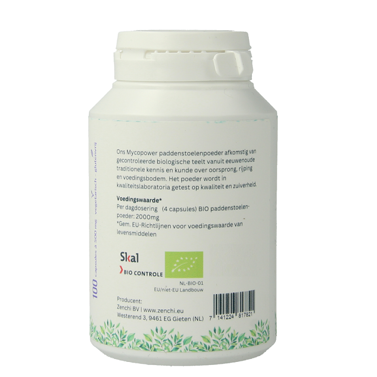 Mycopower Reishi bio 100 capsules in a clear jar, herbal supplement from Kruidenpreparaten brand, with label showing product details.