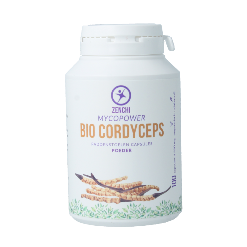 Mycopower Cordyceps sinensis bio capsules, herbal supplement by Mycopower, in a bottle with capsules visible.