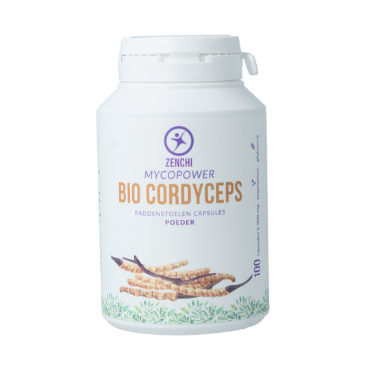 Mycopower Cordyceps sinensis bio capsules, herbal supplement by Mycopower, in a bottle with capsules visible.