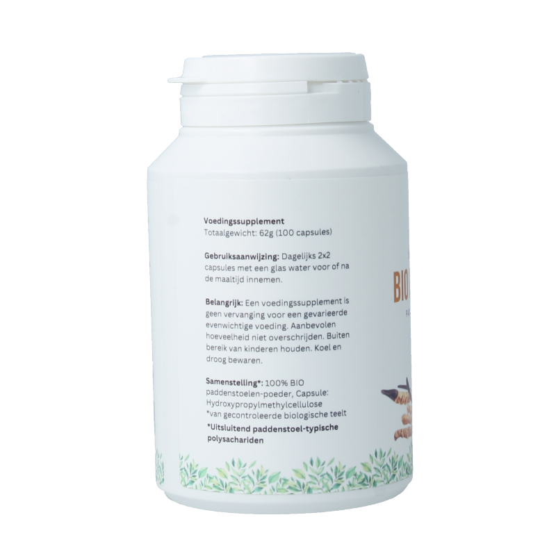 Mycopower Cordyceps sinensis bio capsules in a bottle, herbal supplement from Kruidenpreparaten brand, showing the product packaging.