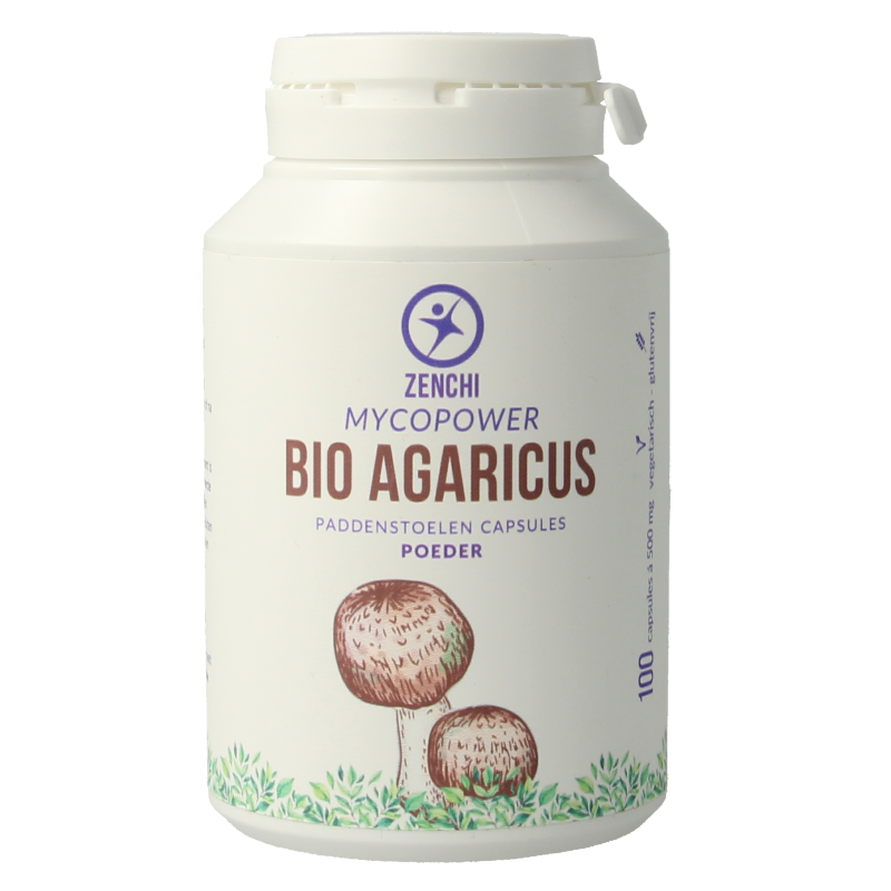 Mycopower Agaricus blazei bio capsules, herbal supplement from Kruidenpreparaten brand, displaying a bottle of 100 capsules.