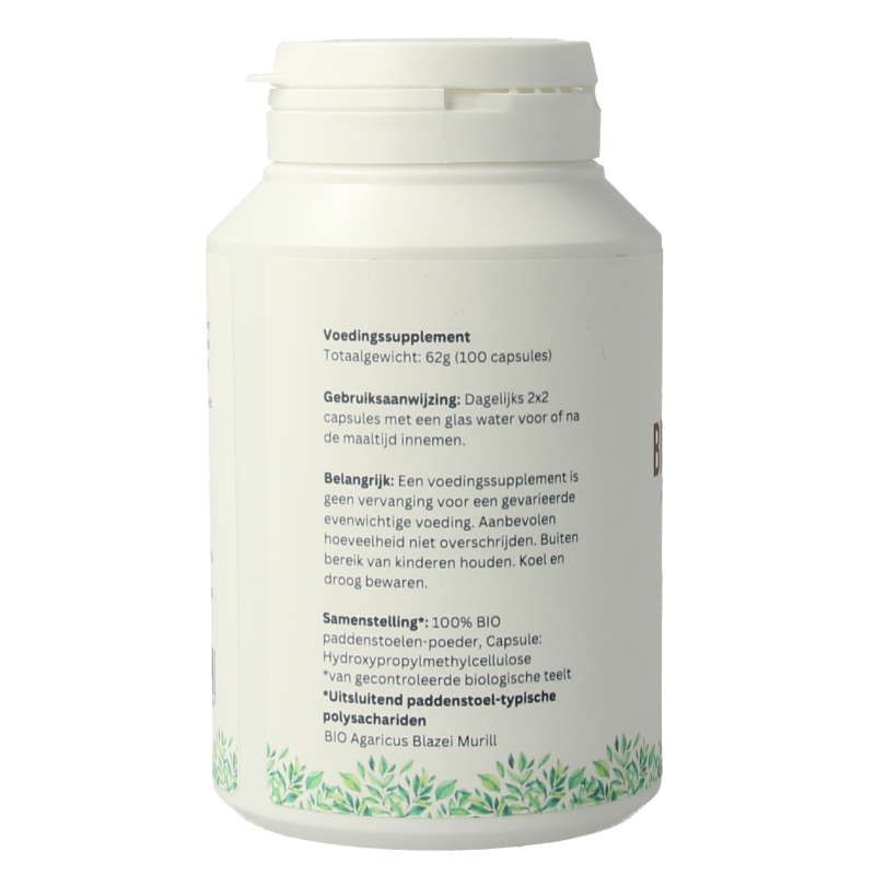 Mycopower Agaricus blazei bio capsules, herbal supplement in a clear bottle, with label showing product details.