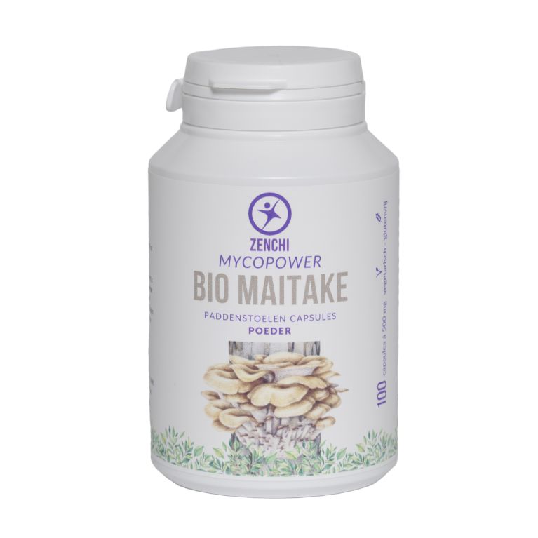 Mycopower Maitake bio capsules, herbal supplement, 100g, in a white bottle with label, showing capsules and packaging.