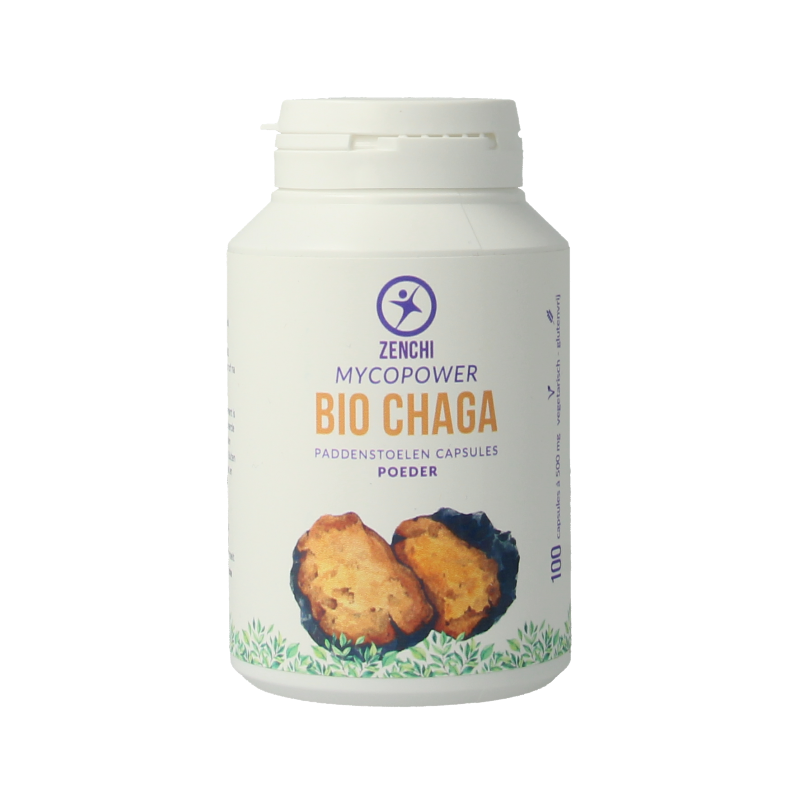 Mycopower Chaga bio 100 capsules in a bottle, herbal supplement from Kruidenpreparaten brand, displayed with label and capsules visible.