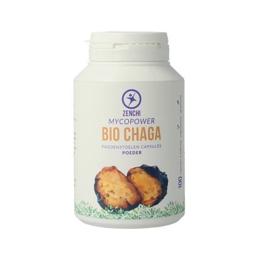 Mycopower Chaga bio 100 capsules in a bottle, herbal supplement from Kruidenpreparaten brand, displayed with label and capsules visible.