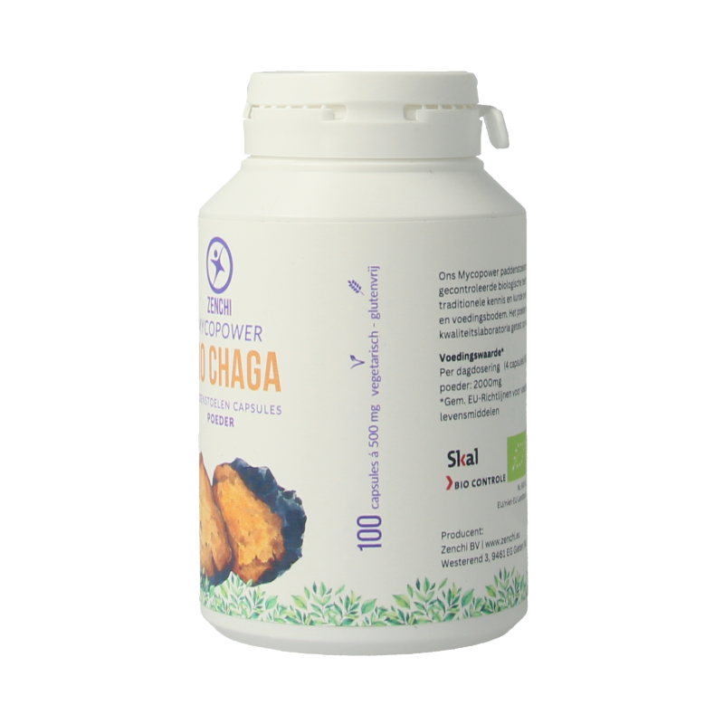 Mycopower Chaga bio 100 capsules in a bottle, herbal supplement from Kruidenpreparaten brand, with label and capsules visible.