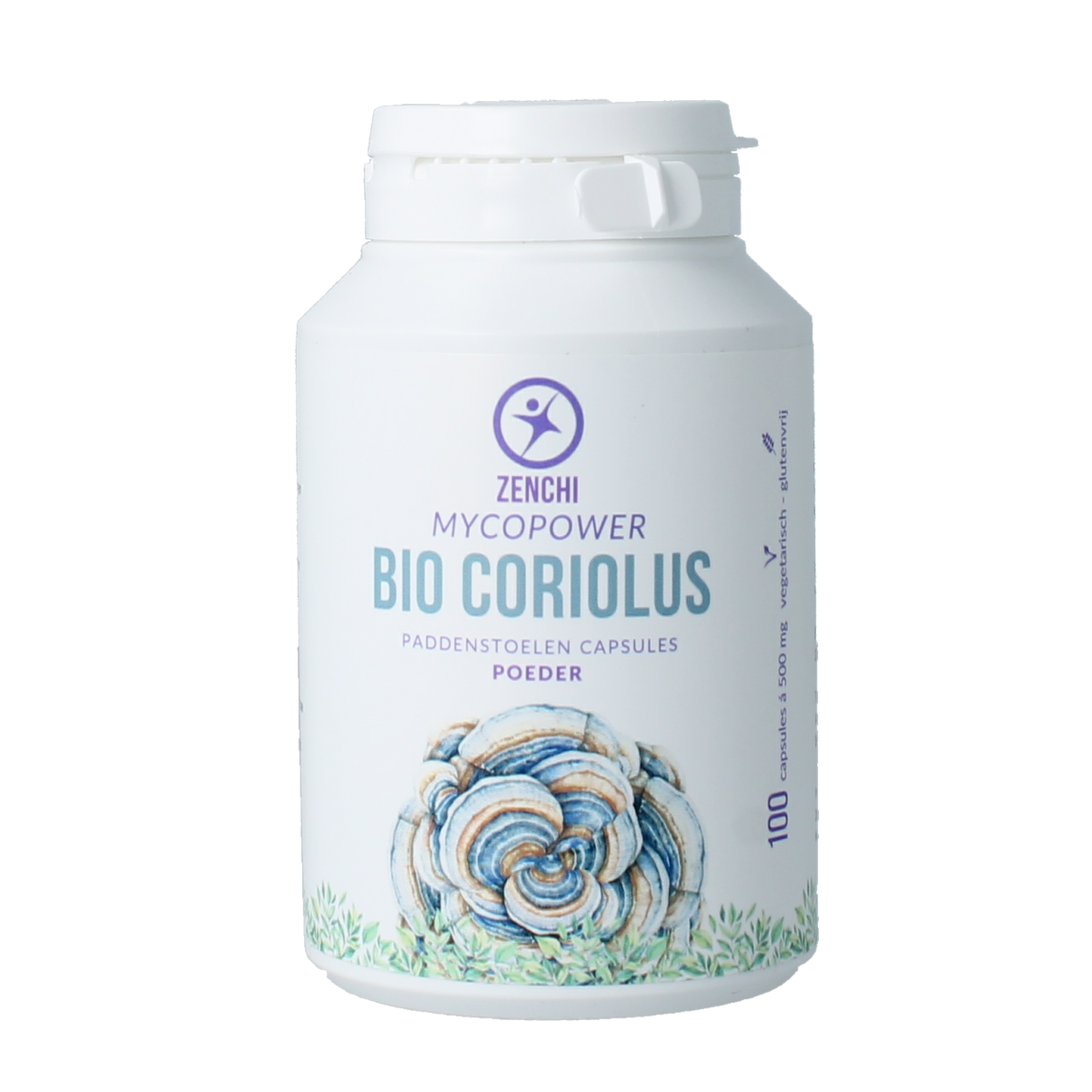 Mycopower Coriolus bio 100 capsules for body care, showing the supplement bottle with label and capsules inside and outside.