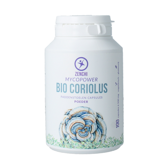 Mycopower Coriolus bio 100 capsules for body care, showing the supplement bottle with label and capsules inside and outside.