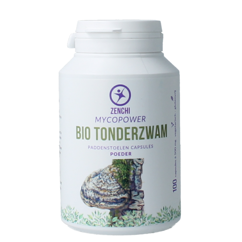 Mycopower Tonderzwam bio herbal capsules in a white bottle, used as a natural supplement in kruidenpreparaten.