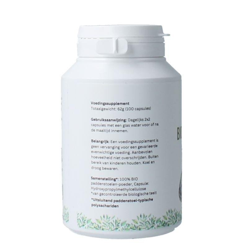 Mycopower Tonderzwam bio capsules, herbal supplement in a clear container, showing the capsule packaging and label.