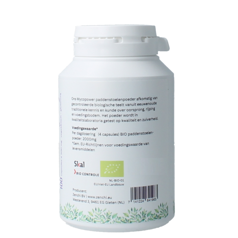 Mycopower Tonderzwam bio capsules, herbal supplement by Mycopower, showing a bottle of 100 capsules with natural packaging.