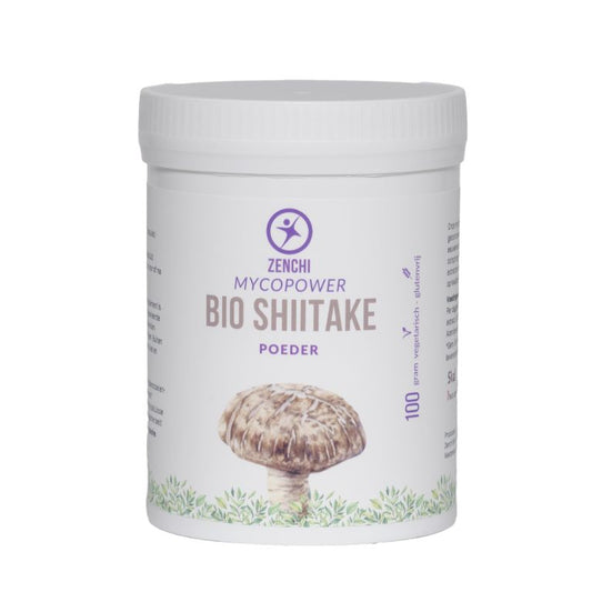 Organic Mycopower Shiitake mushroom powder in a 100g package, shown in a clear image with the label and product details.