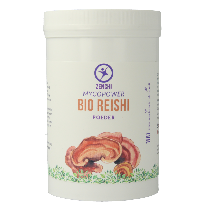 Organic Mycopower Reishi powder in 100g package, featuring dried reishi mushroom slices for herbal health supplement.