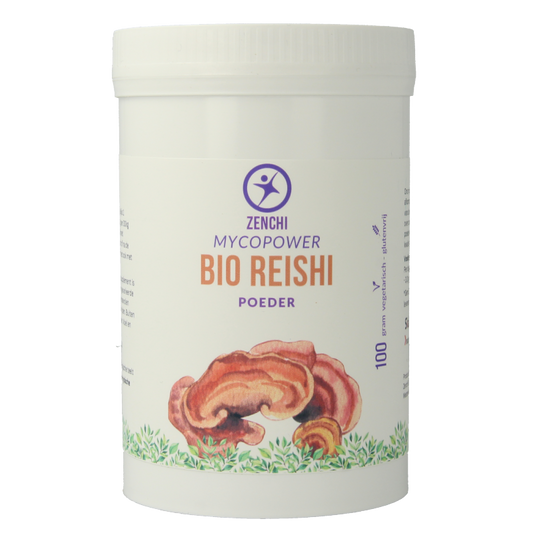 Organic Mycopower Reishi powder in 100g package, featuring dried reishi mushroom slices for herbal health supplement.