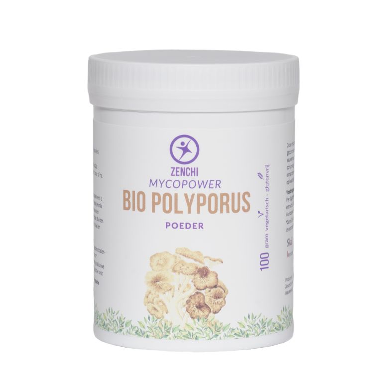 Mycopower Bio Polyporus powder in a 100g package, herbal supplement from Mycopower, displayed in the image.