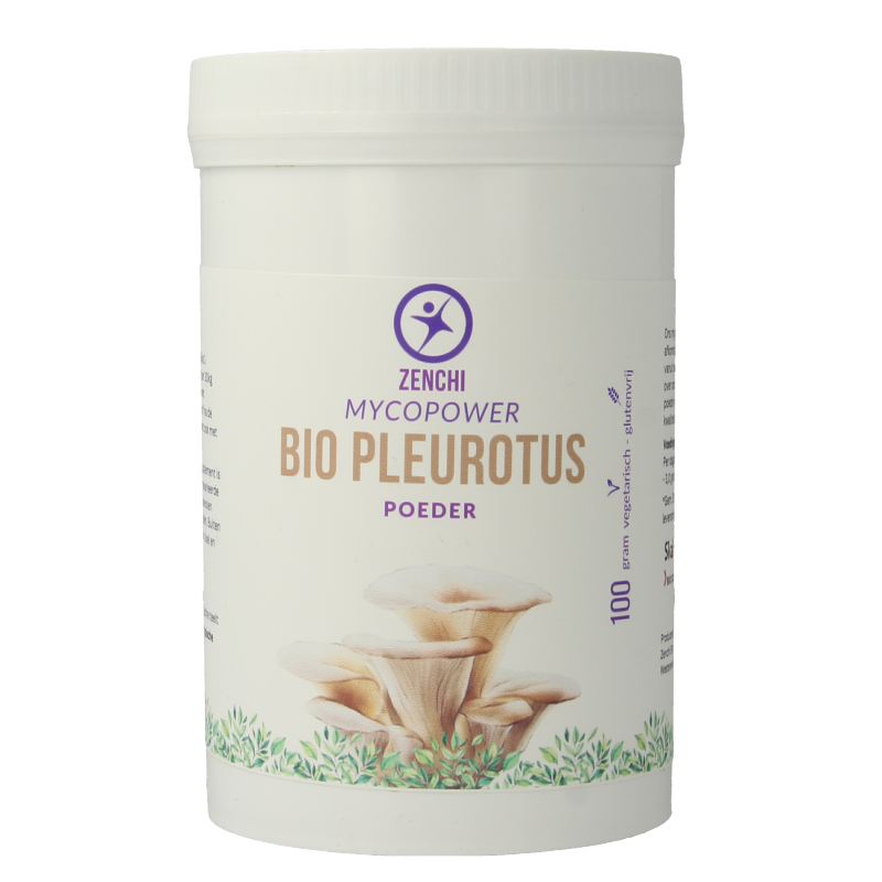 Mycopower Pleurotus mushroom powder in 100g bio package, herbal supplement from Mycopower, shown in a clear container.