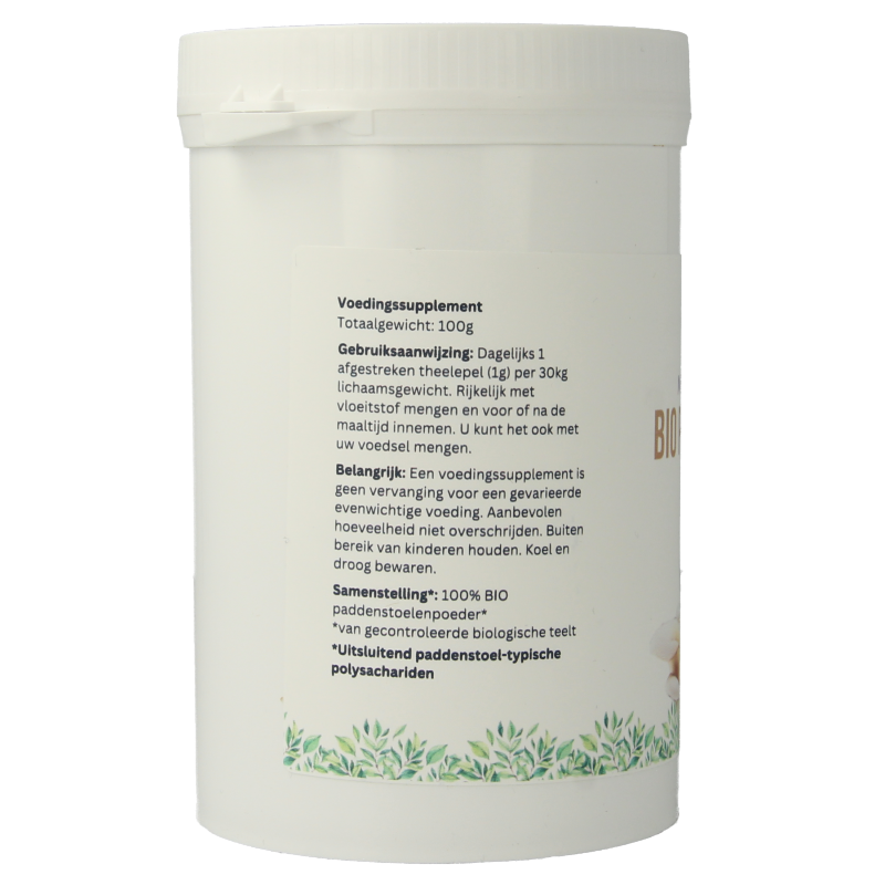 Mycopower Pleurotus mushroom powder in a 100g bio herbal supplement package, showing the product label and packaging.