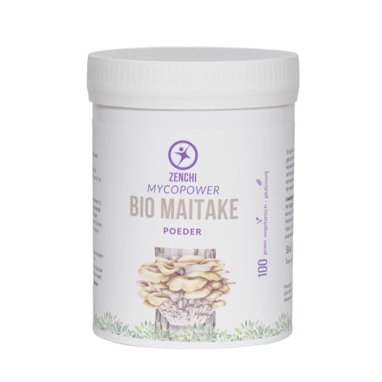 Organic Mycopower Maitake powder in a 100g package, featuring dried mushroom powder for herbal supplement use.