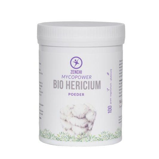 Organic Hericium mushroom powder by Mycopower in a 100g package, shown in the image.