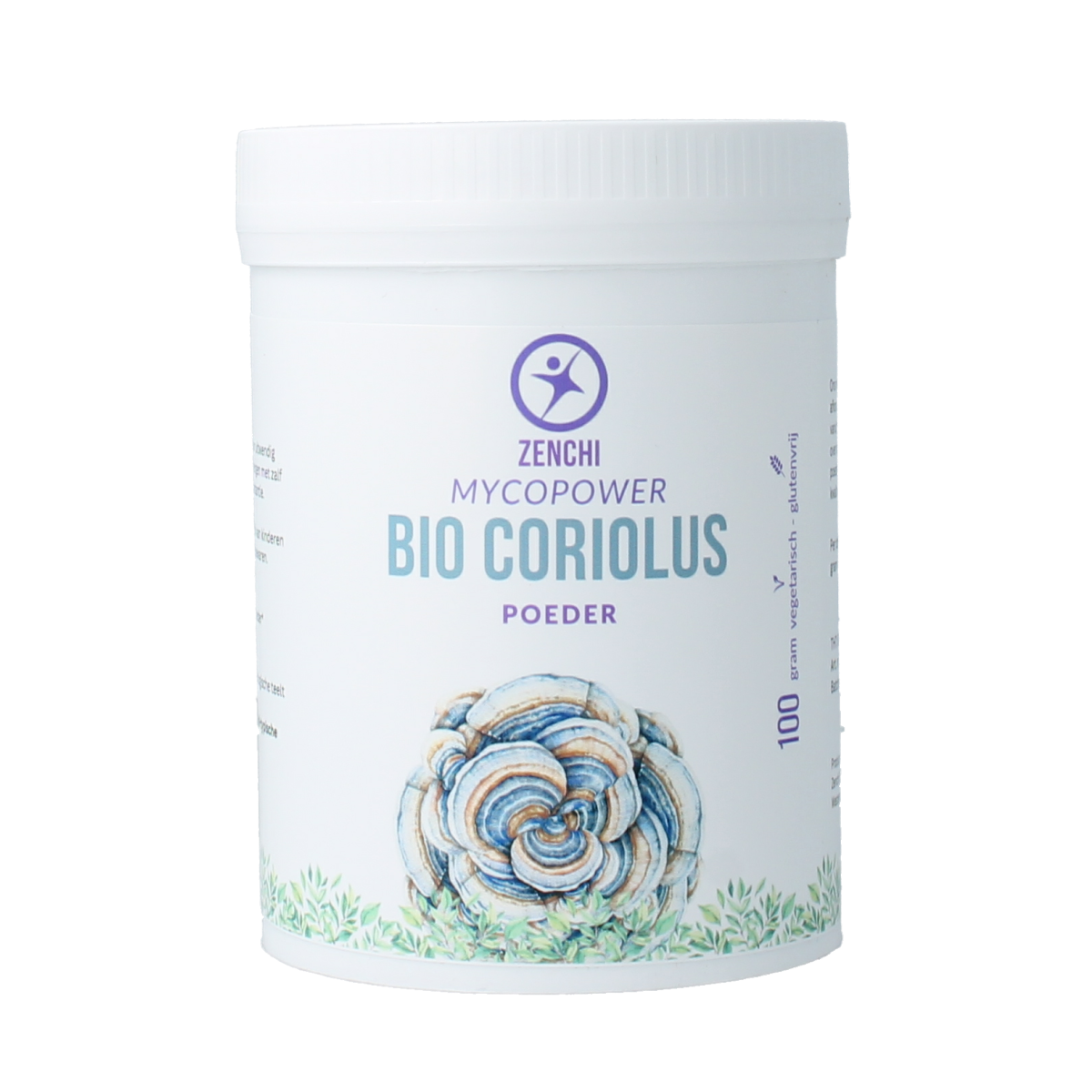 Mycopower Coriolus bio powder in 100g package, natural supplement for body care, featuring white and green powder in a clear container.