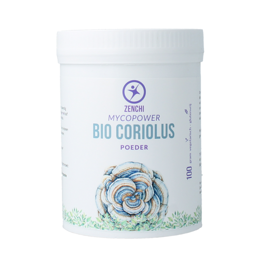 Mycopower Coriolus bio powder in 100g package, natural supplement for body care, featuring white and green powder in a clear container.