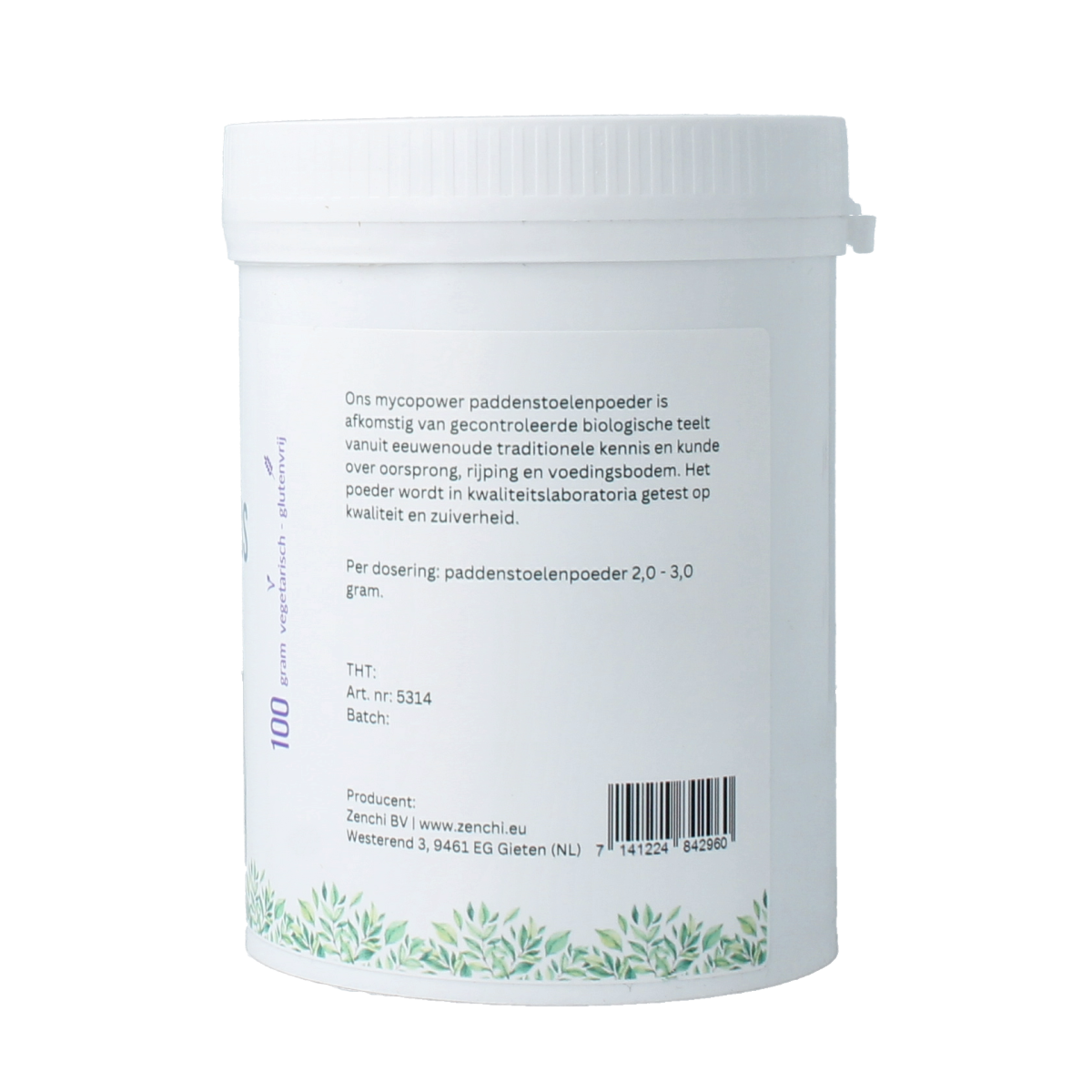 Mycopower Coriolus bio powder in 100g package, natural herbal supplement for body care, displayed in a clear container.