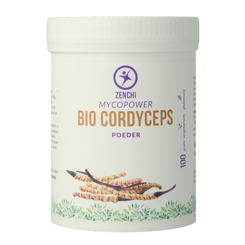 Organic Mycopower Cordyceps sinensis powder in a 100g package, shown in a clear image of the herbal supplement.