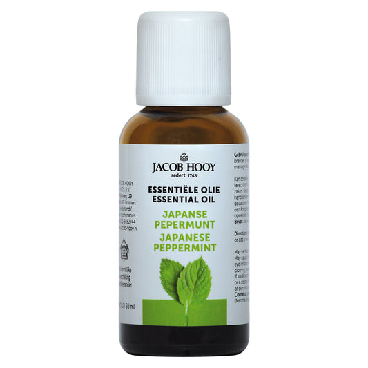 Jacob Hooy Japanese peppermint essential oil in a 30ml bottle, showcasing the amber glass container and label.