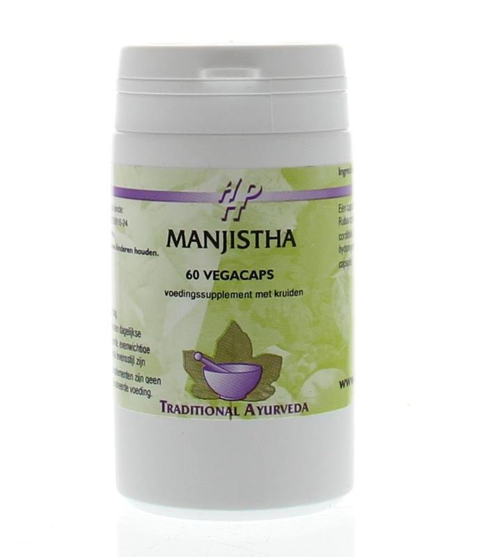 Holisan Manjistha bloedreiniger kruidenpreparaat in vegetarische capsules, featuring red powder and herbal supplement packaging.