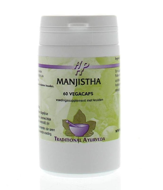 Holisan Manjistha bloedreiniger kruidenpreparaat in vegetarische capsules, featuring red powder and herbal supplement packaging.