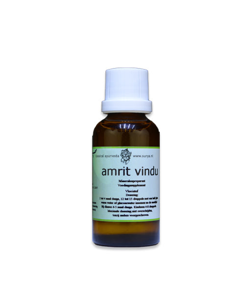 Surya Amrit Vindu herbal preparation bottle, 30ml, with natural herbal ingredients and label visible.