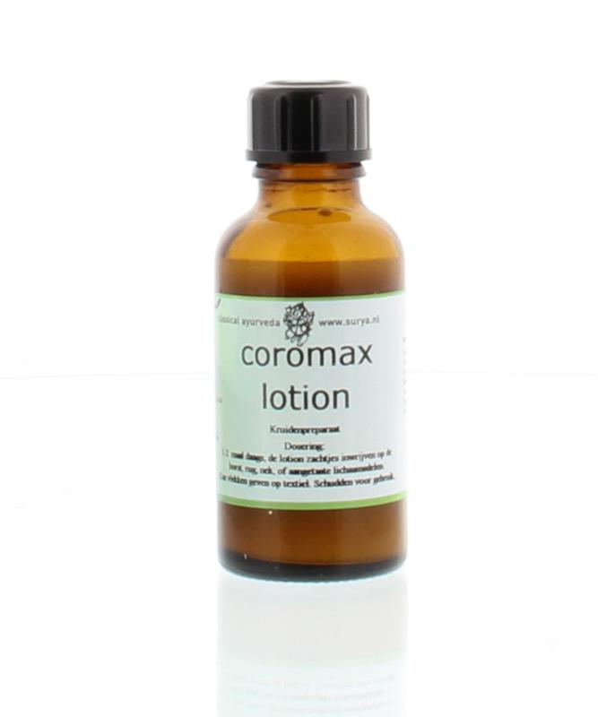 Surya Coromax lotion in a 30ml bottle, herbal preparation by Surya, with a label showing herbal ingredients and packaging details.
