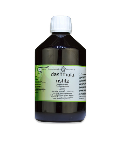 Surya Dashmula rishta herbal preparation in a 500ml bottle, featuring natural ingredients for wellness and health support