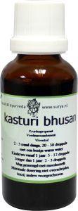 Surya Kasturi Bhusan herbal preparation in a 30ml bottle, part of Surya's kruidenpreparaten collection, with a white label and cap.