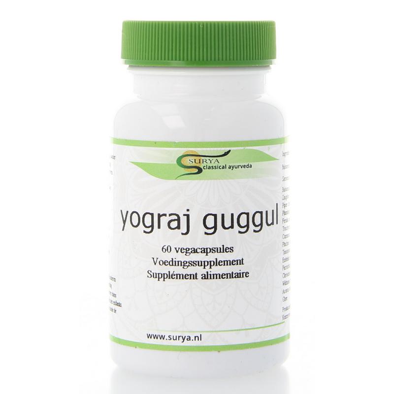 Surya Yograj Guggul vegetarian capsules in a bottle, herbal supplement for traditional Ayurvedic health practices.
