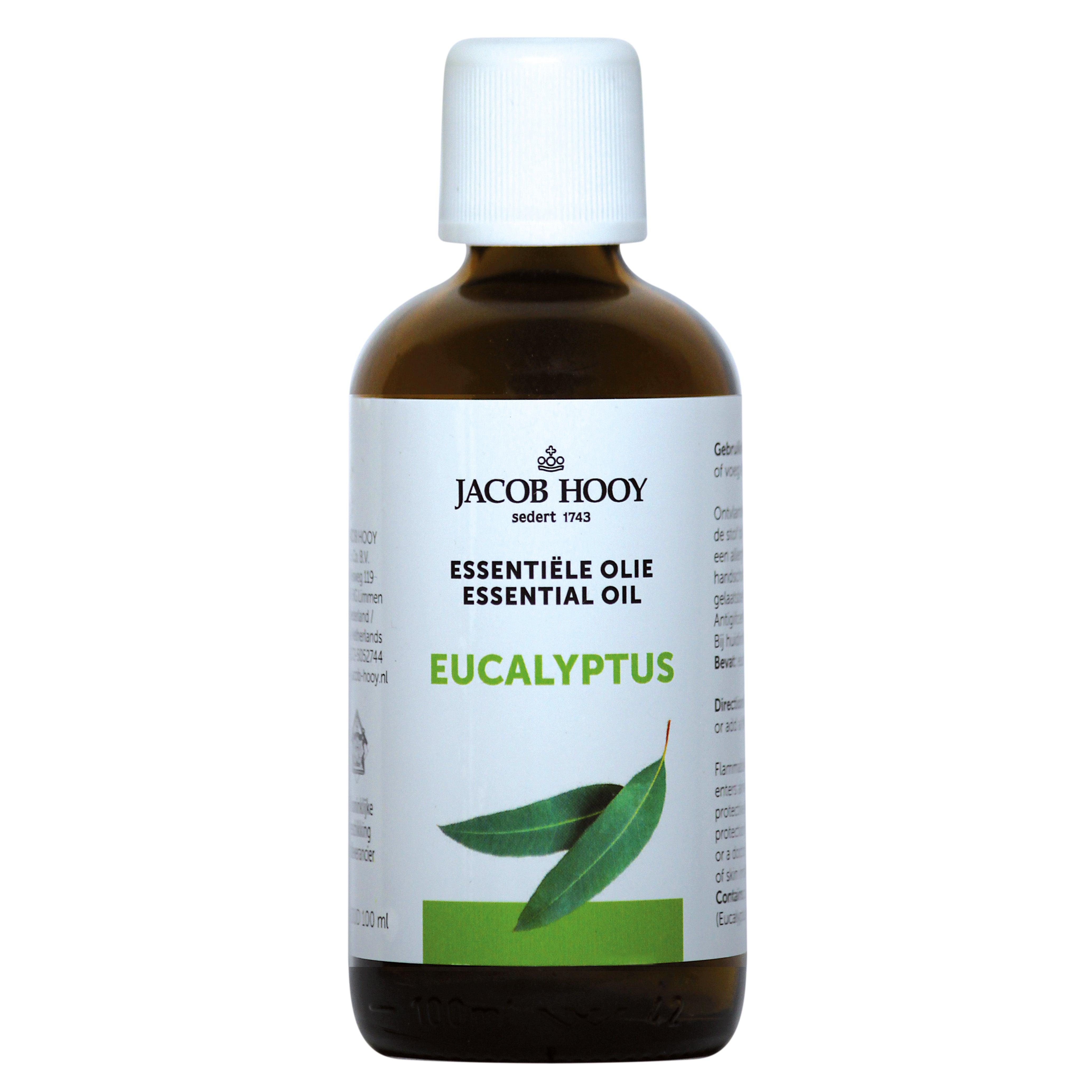 Jacob Hooy eucalyptus essential oil in a 100ml bottle, showcasing the amber glass container and label.