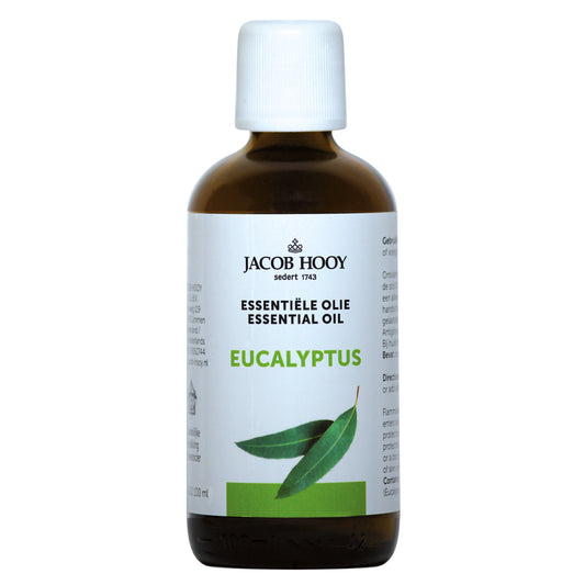 Jacob Hooy eucalyptus essential oil in a 100ml bottle, showcasing the amber glass container and label.
