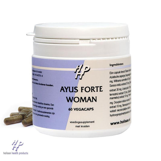 Holisan Ayus Forte vrouw herbal supplement capsules, 60-count, featuring natural ingredients for women's health.