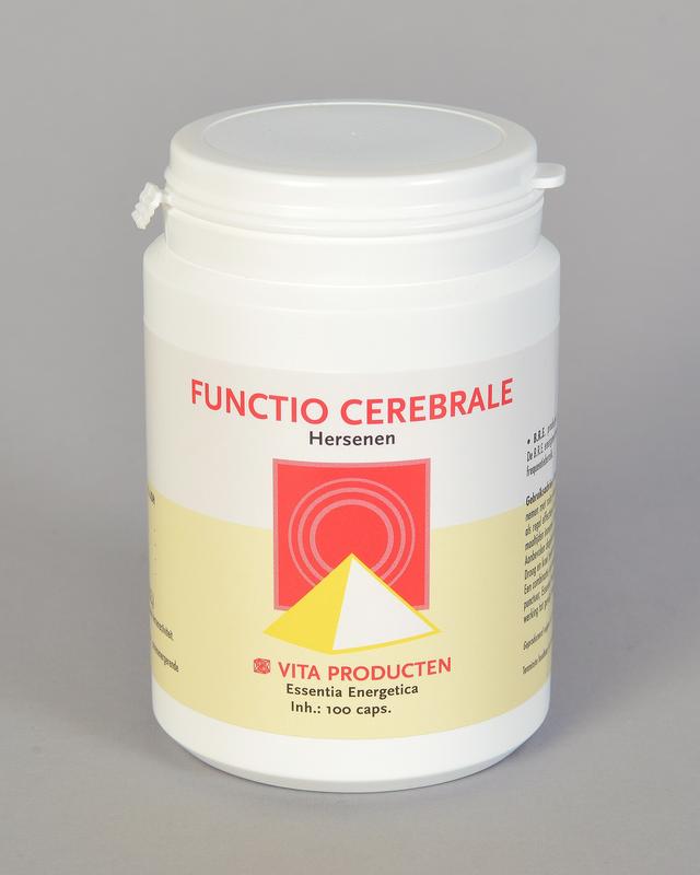 Vita Functio cerebrale 100 capsules, herbal supplement for brain health, in a clear bottle with capsules visible inside.