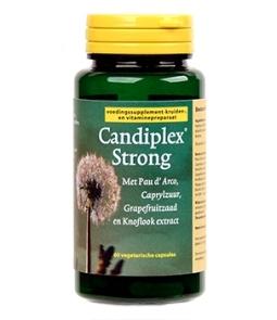 Venamed Candiplex Strong vegetarian herbal capsules in a clear bottle, with a white cap and label showing product details.
