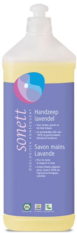 Sonett lavendel handzeep in een 1-liter fles, vloeibare handverzorging met lavendelgeur en natuurlijk ingrediënt.
