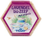 de Traay lavender and propolis organic soap bar, 100 grams, with a natural lavender and propolis soap block on a neutral background