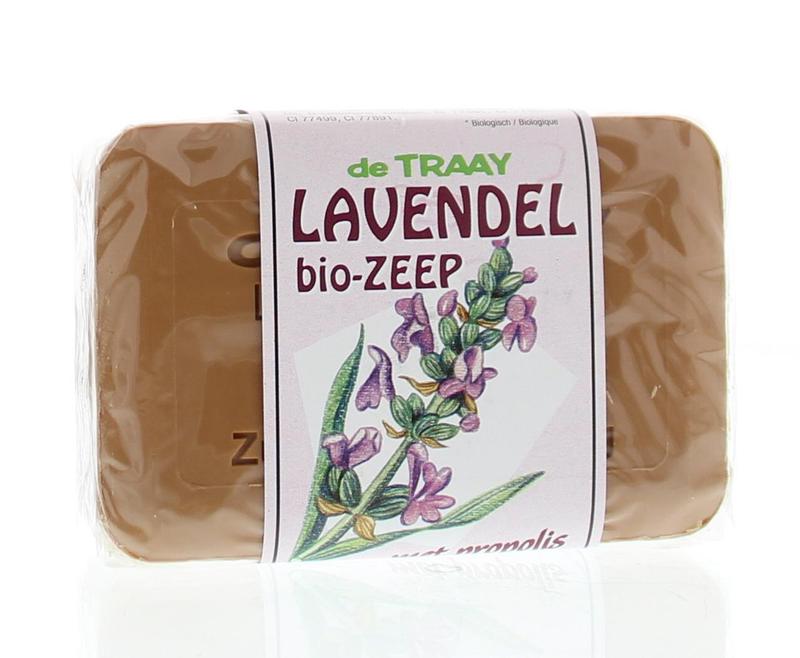 de Traay lavender and propolis organic soap in 250g bar, showing the textured soap with lavender and propolis ingredients