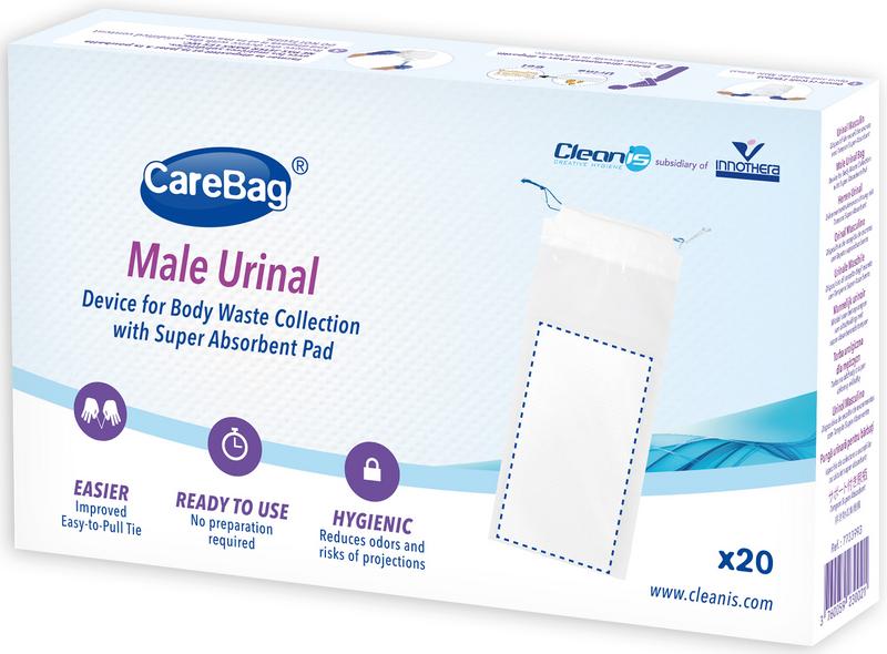 CareBag disposable urinal for men, 20-pack of catheter and urinal devices, designed for easy and hygienic use.